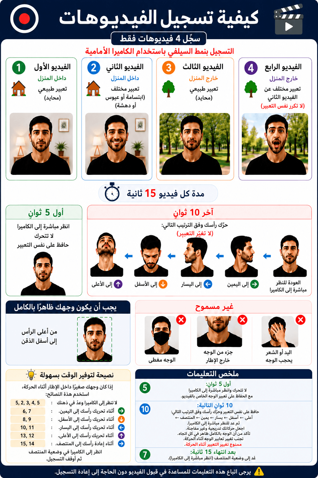 رسم توضيحي: الفيديوهات الأربعة، 15 ثانية لكل منها، والتأطير، وتسلسل حركة الرأس.