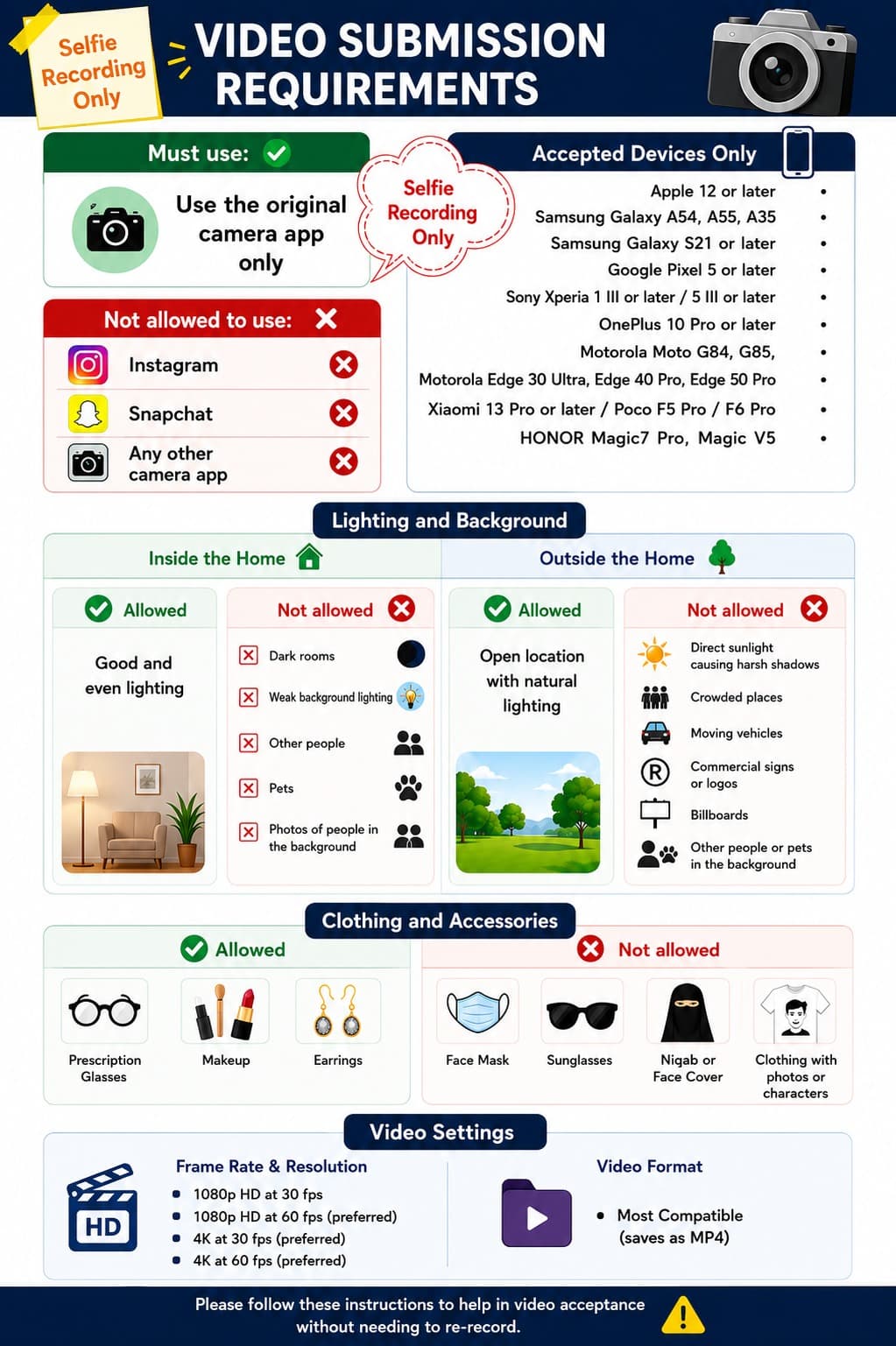 Infographic: accepted devices, lighting, background, clothing, and video settings.